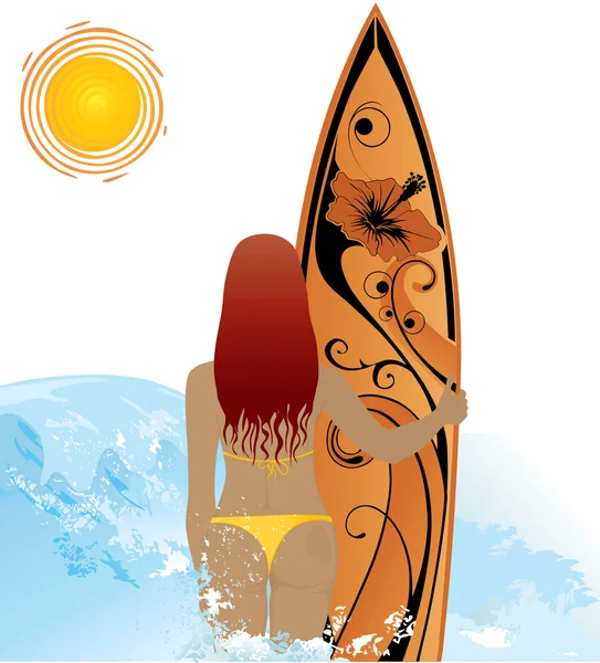Strand vrouw met surf — Stockvector