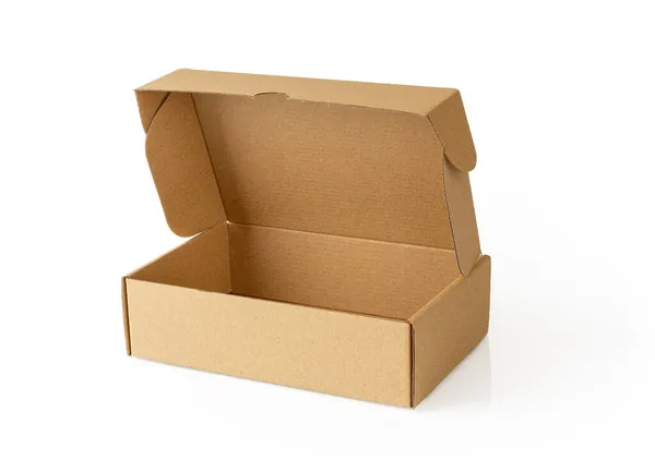 Open Brown Cardboard Box Isolated White Background New Rectangular Paper — Stock Photo, Image