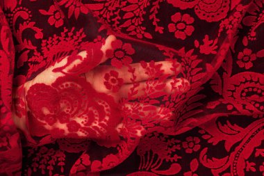 Kadın avuç içinde çiçek desenli kırmızı dantel kumaş. El ele tutuşup, nakış işlemek, kırmızı ipuçlarını kullanmak. Dantelli kumaş, klasik kıyafetler ve iç çamaşırları için. Soyut retro dantel yakın plan. Üst görünüm.