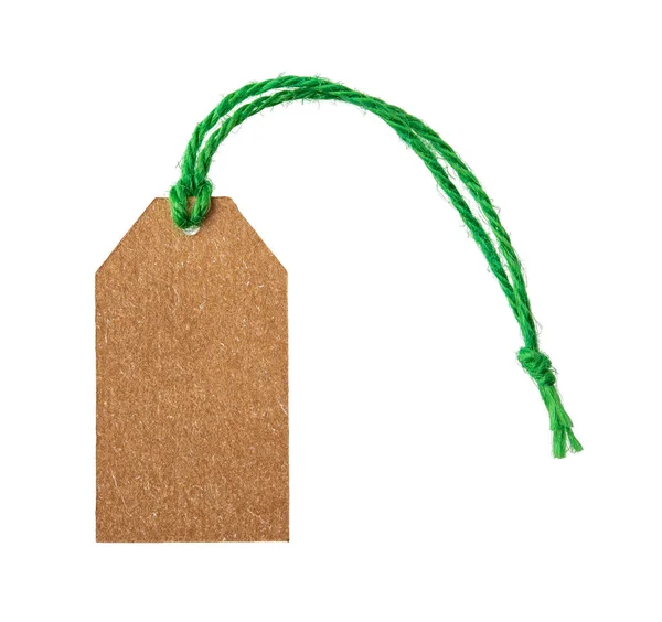 Empty Cardboard Tag Green Flax Twine Isolated White Background Blank — ストック写真