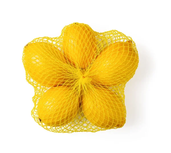 Reife Bio Zitronen Einem Gelben Netzbeutel Isoliert Auf Weißem Hintergrund — Stockfoto