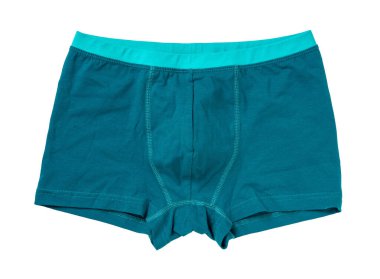 Beyaz arka planda izole edilmiş erkek boxer külotları. Mavi erkek iç çamaşırı kesimi. İnsan gövdeleri elastik pamuk kumaş yakın plan. Modern erkek iç çamaşırı konsepti. Yeni temiz iç çamaşırları. Üst görünüm.