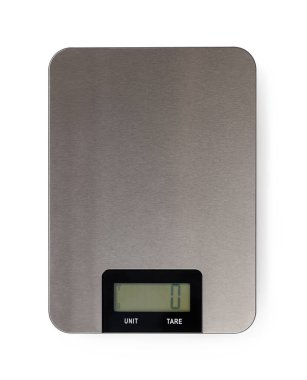 Beyaz arka planda izole edilmiş dijital mutfak ölçeği. Ölçmek için elektronik ölçekler diyet ve yemek yaparken besin ağırlığı. Dikdörtgen metalik ölçüm cihazı kesiği. Üst görünüm.