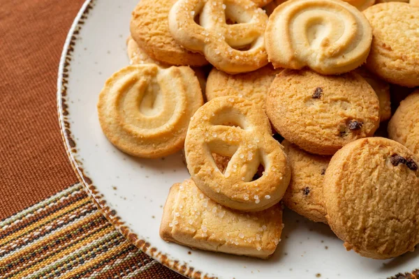 Danish Butter Cookies White Plate Heap Assorted Crispy Shortbread Biscuits — Stock Photo, Image