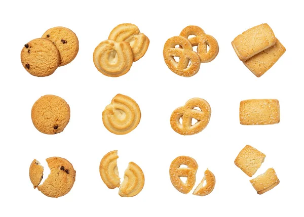 Set Danish Butter Cookies Isolated White Background Whole Broken Pretzel — Stock Photo, Image