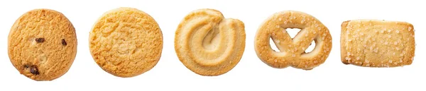 Set Danish Butter Cookies Macro Cutout Five Whole Pretzel Rectangular — Stock Photo, Image