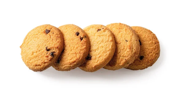 Shortbread Chocolate Chip Cookies Row Cutout Five Danish Butter Biscuits — Stock Photo, Image