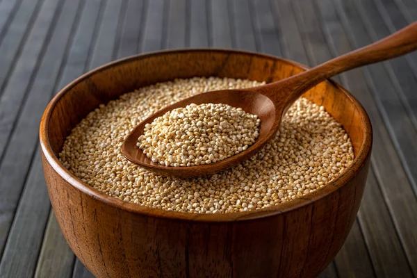 Kasedeki beyaz kinoa tohumlarıyla dolu tahta kaşık. Kahverengi ahşap bir kasede çiğ kinoa taneleri. Chenopodium kinoası vejetaryen sağlıklı beslenme için. Glütensiz yemek malzemesi. Yakın plan..