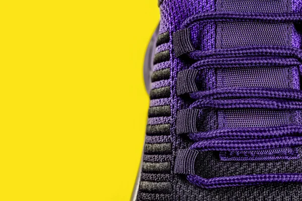 Lacing Purple Black Textile Sneakers Yellow Background Laced Fastening New — Stock Fotó