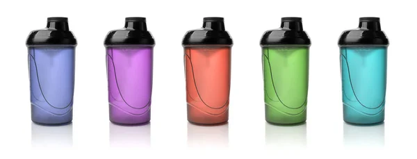 Set Protein Shaker Bottles Isolated White Background Colorful Plastic Container — Foto de Stock