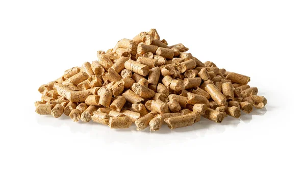 Heap Wood Pellets Isolated White Background Pile Compacted Sawdust Granules — Stock fotografie