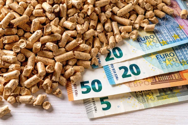 Bir yığın ahşap topak ve avroluk kağıt banknotlar üst görünüm. Sıkıştırılmış talaştan organik biyoyakıt. Ekolojik ısıtma, alternatif enerji kavramları. Biyolojik yakıt masrafları, saçma alıp satmak. Yakın çekim..