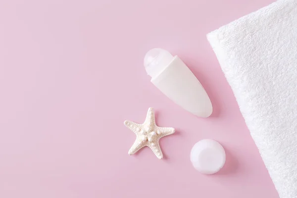 Roll Antiperspirant Deodorant Bath Towel Sea Star Pastel Pink Background — стоковое фото