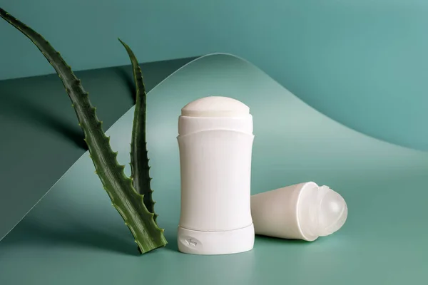 Roll Antiperspirant Solid Deodorant Two Fresh Aloe Leaves Teal Blue — стоковое фото