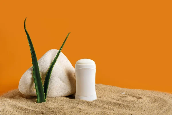 Solid Deodorant Antiperspirant Aloe Green Leaves Stone Sea Sand Orange — Stock Photo, Image