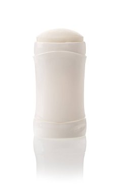 Solid deodorant tube isolated on a white background. Cutout of mockup antiperspirant stick in a white container. Body care, purity, organic toiletries and natural cosmetics concept. Front view.