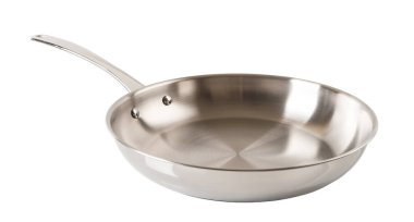 New stainless steel frying pan cutout. New skillet of 18 10 chrome nickel steel isolated on a white background. Empty inox frypan for frying, searing, and browning food. Modern metal cookware. Front view.