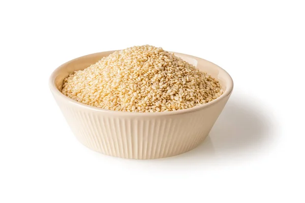 White Sesame Seeds Beige Bowl Isolated White Background Heap Organic — Fotografia de Stock