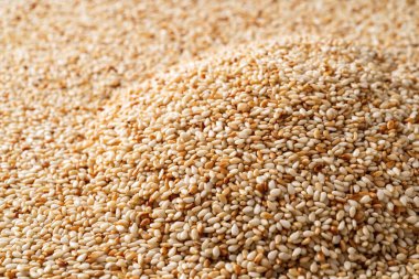 Heap of toasted sesame seeds macro texture. Pile of roasted Sesamum indicum background. White til as asian cuisine ingredient. Organic benne seeds as calcium source for healthy food concept. Top view.