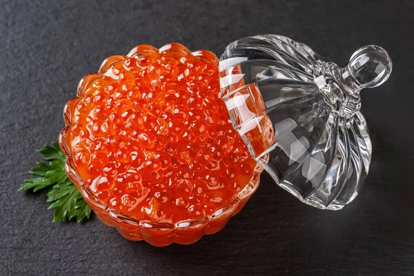 Salmon Caviar Crystal Bowl Lid Black Background Glass Dish Full —  Fotos de Stock