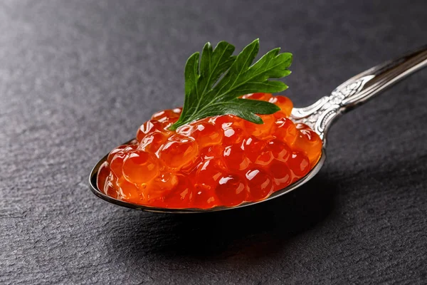 Salmon Red Caviar Parsley Spoon Macro Vintage Spoon Full Trout — Stockfoto