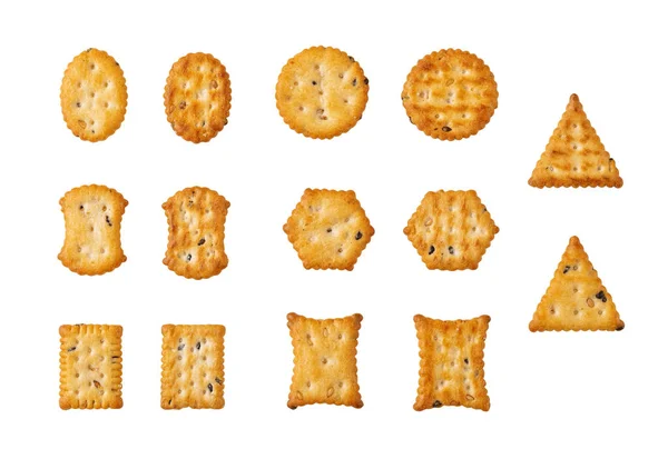 Saltine Cracker Variety Isolated White Background Cutout Various Shaped Sesame — Stock Photo, Image
