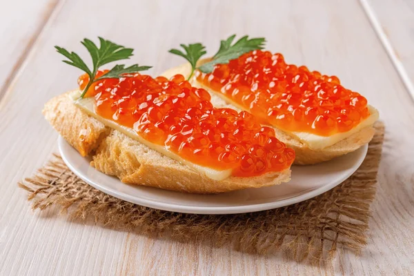 Two Sandwiches Red Caviar Saucer Wooden Table Gourmet Appetizer Trout — Foto de Stock