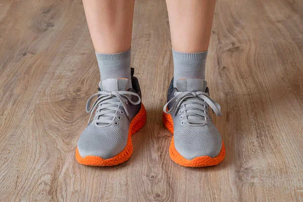 Gray Sneakers Gray Socks Woman Feet Standing Feet Shod Mesh — стоковое фото