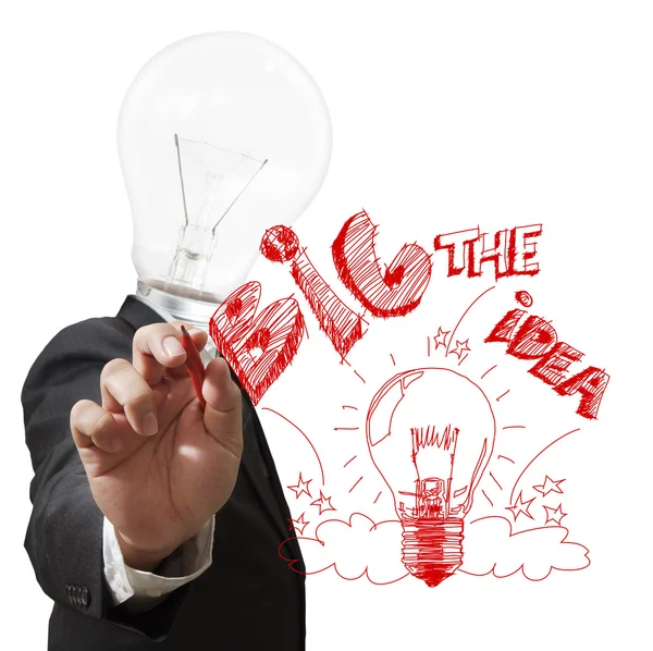 Light bulb head draws the big idea with red pen — Stock Photo, Image