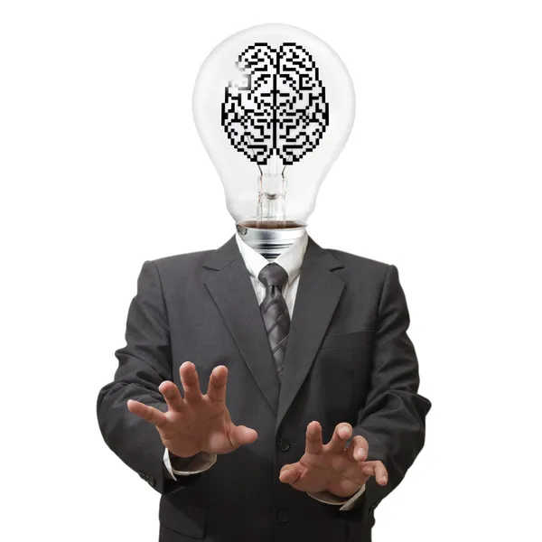 Homem de negócios lâmpada e sinal de pixel cérebro — Fotografia de Stock