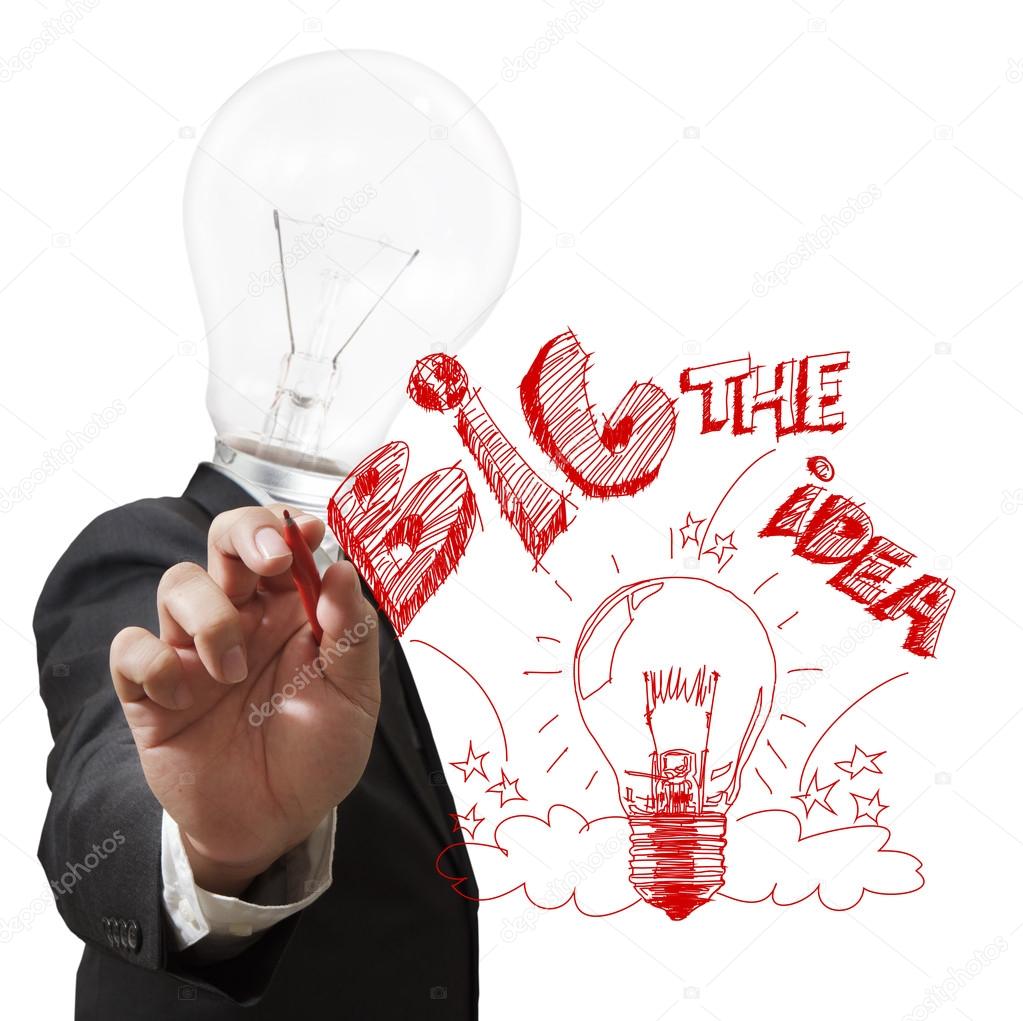 light bulb head draws the big idea with red pen