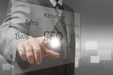 iş adamı el seo diyagramı ekranda nokta