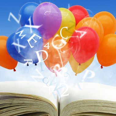 open book with fancy balloons and text
