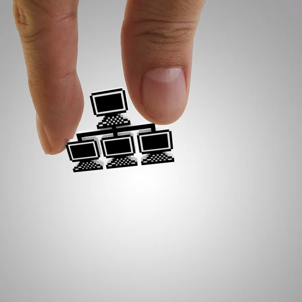 Mão escolhe pixel 3d nuvem sinal de rede — Fotografia de Stock