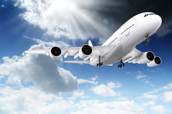 3D-grote personenauto vliegtuig vliegt in de blauwe hemel — Stockfoto