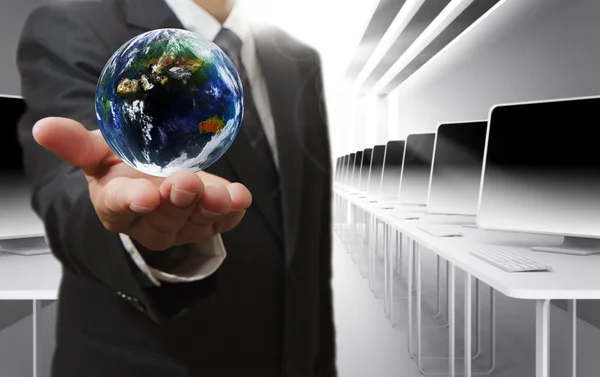 Business man hand holds globe — Stock Photo, Image