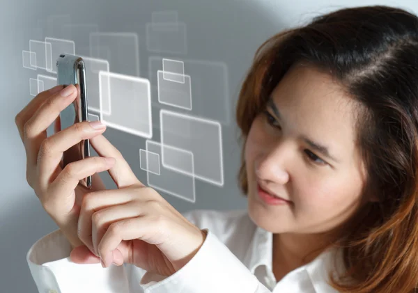 Woman Showing display of her new touch mobile cell phone — Stock Photo, Image