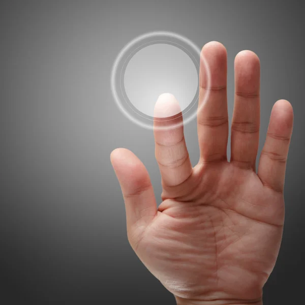 Чоловіча рука штовхає сенсорний екран інтерфейс — стокове фото