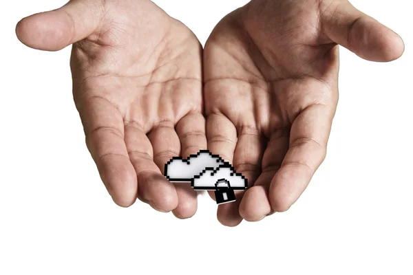 Open hand holds pixel cloud network sign — Stock Photo, Image