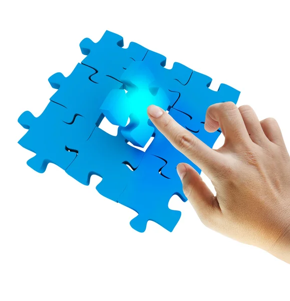 Hand push last puzzle — Stock Photo, Image