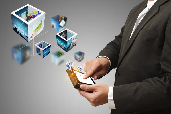 Business man hand holding a touch pad computer and 3d streaming — Stock Photo, Image