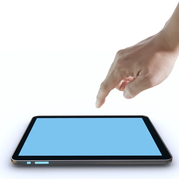 Ręka wskazuje na dotykowy ekran, panel dotykowy — Zdjęcie stockowe