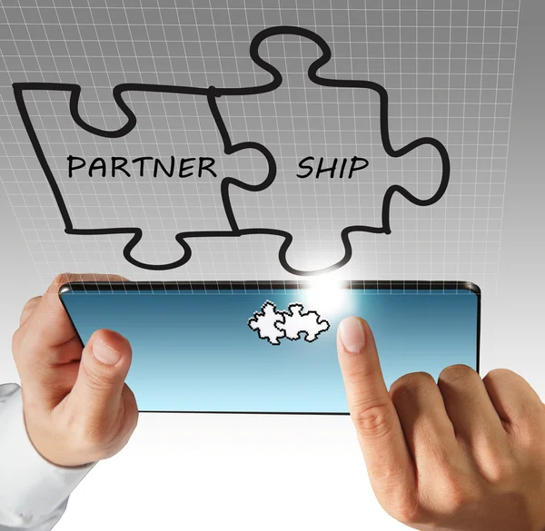 Hand touch on tablet computer and partnership — Stock Photo, Image