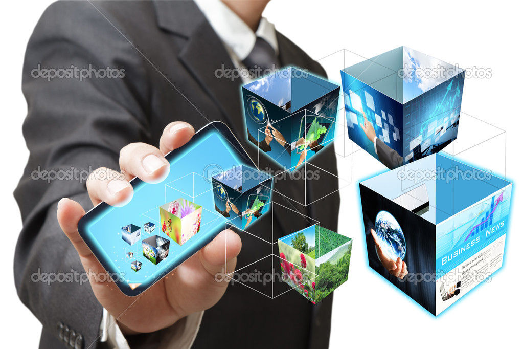 business hand shows touch screen mobile phone with 3d streaming