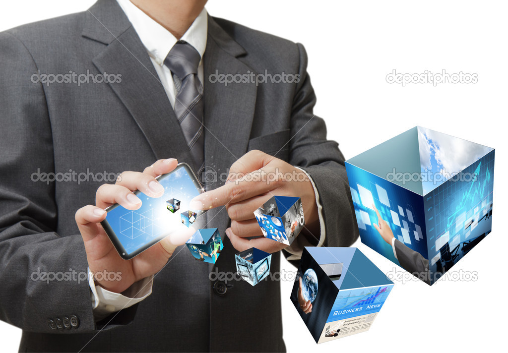 businessman using touch screen mobile phone streaming 3d images