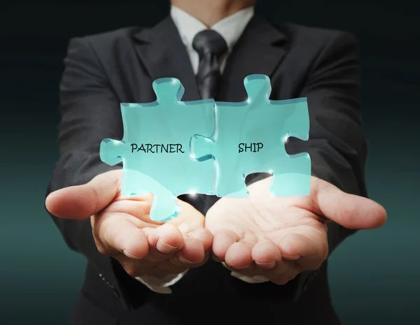 Businessman shows "3d partnership" written puzzle pieces — Stock Photo, Image