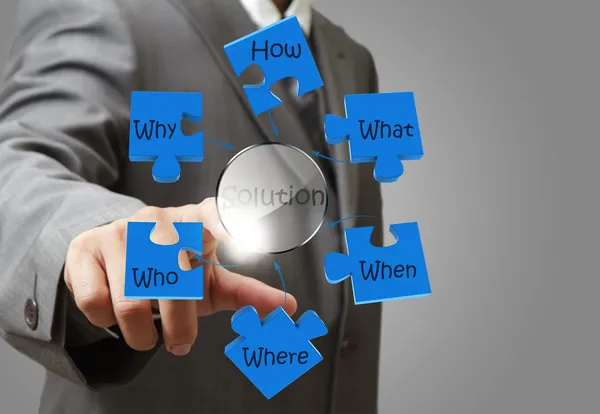 Business man hand wijzend op oplossing oplossen probleem diagram — Stockfoto