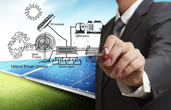 Ingenieur trekt hybride macht systeem, het combineren van meerdere bronnen diag — Stockfoto