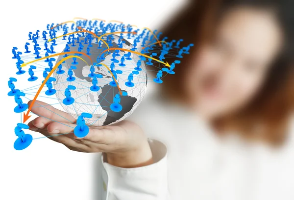 Businesswoman hand holds globe and social network — Stock Photo, Image