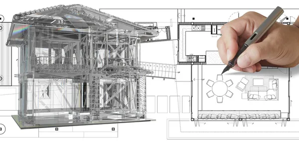 Ev modeli üzerinde mavi baskı — Stok fotoğraf